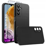 shumee Silikonski mat ovitek za Samsung Galaxy M15 5G črne barve, mat zadnja stran + steklo