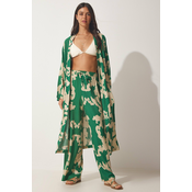 Happiness Istanbul Womens Green Beige Patterned Viscose Kimono Palazzo Pants Suit