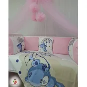 Bubamara037 Set posteljine za krevetac sa ogradicom od jastuka za blizance Meda s kišobranom, Roze-beli