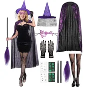 Nikcorp Karnevalový kostim čarovnice kompletní set s kloboukem, černý outfit na Halloween, maškarní ples, cosplay pro ženy