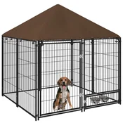 PAWHUT Zunanja ograda za pse, jekleni boks za pse 141x141x151 cm s anti-uv streho, nepremočljiv, vrtljiva skleda, prostorna ograda za mladiče, vrt, črna in rjava