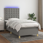 Greatstore Box spring postelja z vzmetnico LED temno siva 90x200 cm blago