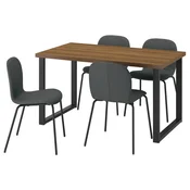 SKALSTA Miza in 4 stoli, imitacija oreha črnosiva v obliki črke U/Knäbäck temno siva cevasta kovina/črnosiva, 140x80 cm