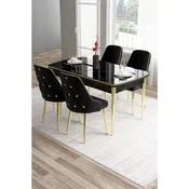 Hanah Home trpezarijski set Tia, sto i 4 stolice, ploca u dekoru crnog mermera, zlatne noge, crna tkanina Babyface