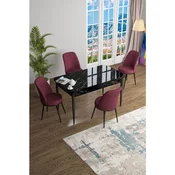 Hanah Home trpezarijski set Han, sto na razvlacenje i 4 stolice, ploca u dekoru crnog mermera, bordo tkanina Jerry