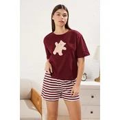 Trendyol Claret Red 100% Cotton Teddy Bear Shorts Knitted Pajama Set