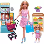 Set punčk in deklic z nakupovalnim vozičkom v supermarketu