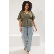 Trendyol Curve Khaki Woven V Neck Tied Blouse