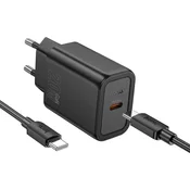 Hoco Mrežni polnilnik za telefon Hoco USB-C QC PD 20 W + kabel USB-C na USB-C N60, črn