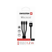 Swissten 3in1 MFI lightning -Type-C - micro USB podatkovni in polnilni kabel, črn, 1,2 m