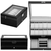 springos Škatla za uro 30x20x13 cm, črno-sivo ohišje z 12 predelki iz eko usnja., (21631815)