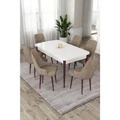 Hanah Home trpezarijski set Eta, sto na razvlacenje i 6 stolica, bela ploca, braon noge, kapucino tkanina Babyface
