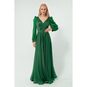 Lafaba Womens Emerald Green, Double Breasted Collar, Glittery Long Flare Evening Dress.