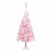 Greatstore Umetna novoletna jelka z LED lučkami in bučkami roza 180 cm