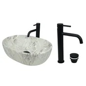 shumee GTM Design Aufsatzwaschbecken 48 cm Matt Set mit Waschtischbatterie und Stopfen - Aufsatzwaschbecken Oval für Badezimmer - Modern Waschbecken ohne Hahnloch - Waschbecken mit Armature