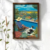 WallXpert uramljena MDF slika NAL119-70, žena sa šeširom i pas pored bazena medu mediteranskim biljem, 50 x 70 cm