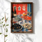 WallXpert uramljena MDF slika NAL162-70, trpeza sa morskim plodovima i vinom u mediteranskom stilu, 50 x 70 cm