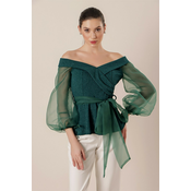 By Saygi Madonna Collar Sleeve Organza Belted Silvery Lycra Blouse