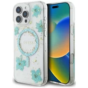 Ovitek Guess trda zaščita Resin Flowers Glitter MagSafe za iPhone 16 Pro turkizna (GUHMP16LRBFGFGMQ)