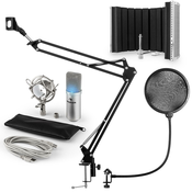 auna MIC-900S-LED USB V5, srebrni, kondenzatorski mikrofon, nosac mikrofona, apsorpcijski panel, pop filter