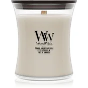 Woodwick Tonka & Almond Milk dišeča sveča z lesenim stenjem 275 g