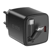 SBS Stenski polnilnik SBS 30W USB-C GaN z zložljivim kablom črne barve