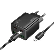 Hoco Mrežni polnilnik za telefon Hoco 2 x USB-C + 2 x USB-A QC3.0 PD 3A 20W + kabel USB-C na Lightning N55, črn