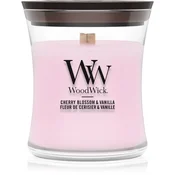 Woodwick Cherry Blossom & Vanilla dišeča sveča z lesenim stenjem 85 g