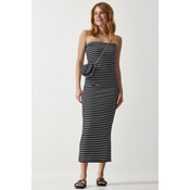 Happiness Istanbul Womens Black Striped Strapless Collar Ribbed Summer Knitted Dress