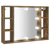 Vidaxl Omarica z ogledalom in LED lučkami dimljeni hrast 76x15x55 cm