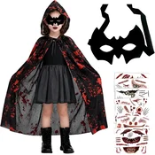 Nikcorp Kostum Vampir Drakula za otroke Halloween, ogrinjalo s kapuco 110 cm, maska netopirja in kompleti tatujev brazgotin