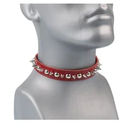 Ovratnica - choker LEATHER & STEEL FASHION - Round Rivets and Spikes - Red - LSF9 101
