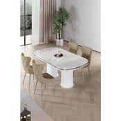 Hanah Home trpezarijski set Galya, sto i 4 stolice, ploca u dekoru belog mermera, hromirane noge, kapucino tkanina Babyface