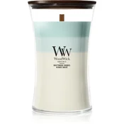 Woodwick Trilogy Driftwood Shores dišeča sveča z lesenim stenjem 610 g
