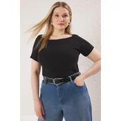 Trendyol Curve Black Fitted Boat Neck Corduroy Camisole Knitted Plus Size Blouse