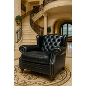 Casa Padrino Luxury Chesterfield Leather Wing Chair Black/Dark Brown - Chesterfield Genuine Leather Living Room Armchair - Chesterfield Living Room Furniture - Luxury Leather Furniture