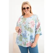 Modra bluza Kesi s cvetličnim vzorcem, plus size