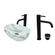 shumee GTM Design Aufsatzwaschbecken 38 cm Glanz Set mit Waschtischbatterie und Stopfen - Aufsatzwaschbecken Oval für Badezimmer - Modern Waschbecken ohne Hahnloch - Waschbecken mit Armature