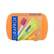 Curaprox Travel Set Orange Set zložljiva zobna ščetka CS 5460 Ultra Soft 1 kos + zobna pasta Be You Explorer Apple & Aloe 10 ml + medzobna ščetka 2 kos + držalo za medzobno ščetko 1 kos