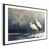 shumee Plakat - Čaplje ob zimskem ribniku - ilustracija v japonskem slogu v temnih barvah