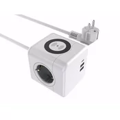 MicroConnect Razdelilnik PowerCube, 3 vtičnice brezžično, 2 USB-A, 1 USB-C, 1,5m, bel