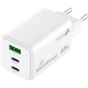 MediaRange hitri stenski polnilec 65W GaN 2x USB-C + 1x USB-A