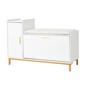 SONNENH Omarica za čevlje s sediščem 100 x 38 x 68 cm, bela s sijajnima frontama, oblazinjena klop, preklopni predel, stranska omarica in zlate noge