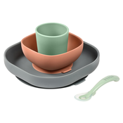 Jedálenská súprava Silicone Meal Set Beaba Mineral zo silikónu 4 dielna sivo-oranžovo-zelená od 4 mes BE913543