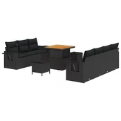 Vrtna garnitura - 10-dijelni set vrtnih sofa s jastučićima Crni Poly Rattan Akacija 3-dijelni set vrtne blagovaonice s jastučić