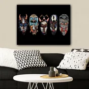 WallXpert slika na platnu 11786724343_70100, pet africkih plemenskih maski na crnoj pozadini, 70 x 100 cm