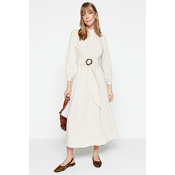 Trendyol Linen-Looking Woven Dress with Stand-up Collar in Ecru with a Belt