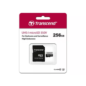 Transcend 256 GB microSDXC 350V UHS-I U1 (razred 10), visoko vzdržljiva pomnilniška kartica, 95 MB/s R, 40 MB/s W