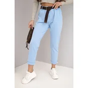 Kesi Włoski Womens cotton pants with a belt and rolled-up hem blue