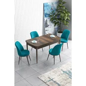 Hanah Home trpezarijski set Han, sto na razvlacenje i 4 stolice, ploca u dekoru drveta Baroque, tirkizna tkanina Jerry